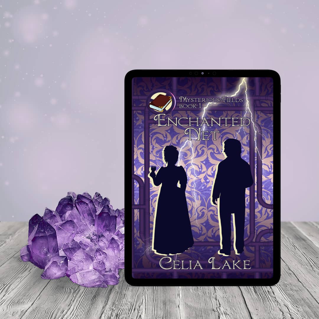 A silhouetted man and woman in Victorian dress stand with their backs to the viewer. She is holding a glass of wine as they look toward each other. The background is a purple damask, crossed by pipes and gears and a streak of lightning, with a book inset in the top left corner. An amethyst sits beside the tablet with the cover.