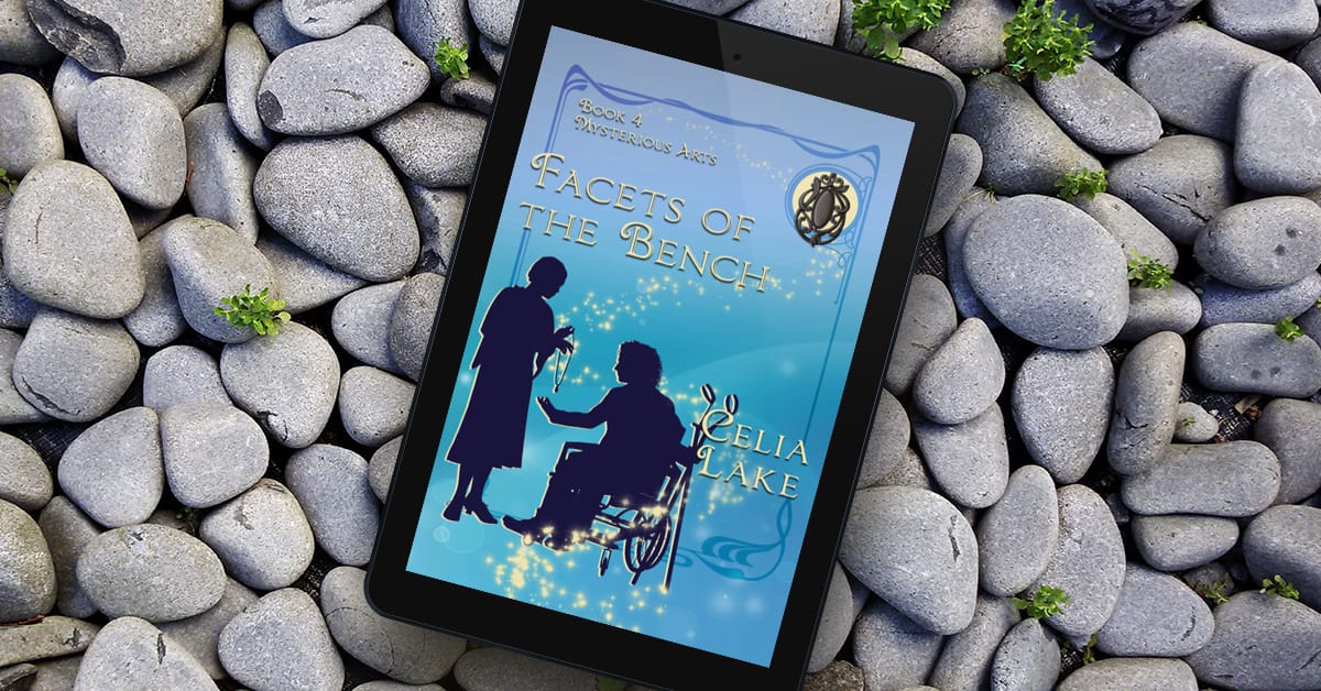 Cover of Facets of the Bench: two people in 1920s clothing silhouetted, the man in a wheelchair with forearm crutches visible. She's handing him a necklace, with a jet pendant inset in the top right corner.
