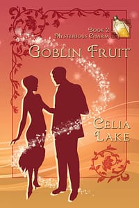 Book cover: Goblin Fruit : Two figures in 1920s clothing about to dance, on a peach-red background with stars and a glowing golden bottle of liquid.