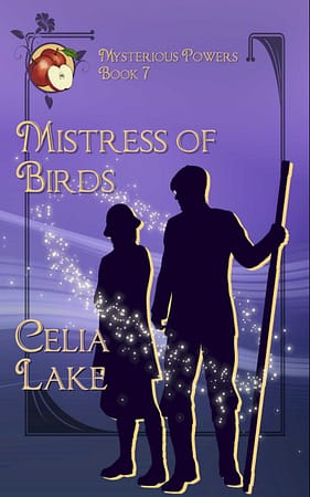 Cover of Mistress of Birds. A man and woman in 1920s clothing silhouetted on a purple and deep blue-grey background. He holds a walking stick as tall as he is and wears a cap, she wears a hat and long sweater. Apples are inset in the top left.