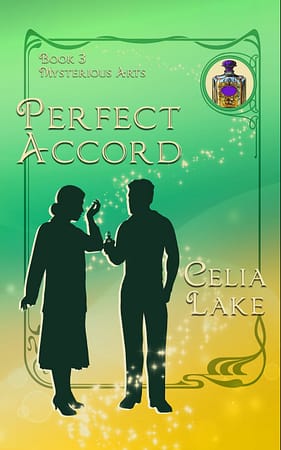Cover of Perfect Accord: Two silhouetted figures in 1920s casual clothing. The man is handing the woman a perfume bottle, and she is testing it on the inside of her wrist. The right upper corner has a perfume bottle inset.