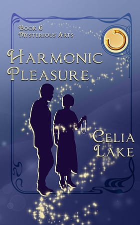 Cover of Harmonic Pleasure: a man and woman in 1920s dress silhouetted on a blue background. She holds an amulet in her hand as they speak to each other. A golden torc is inset in the top right corner.