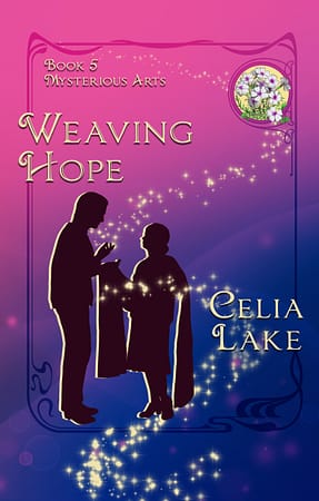 Weaving Hope: A man and woman in 1920s informal clothing are silhouetted on a bright pink background shading to purple. She is holding out a length of cloth to him, showing him something, with phlox flowers inset in the upper right corner.