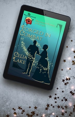 Cover of Forged in Combat on a grey background with a scattering silver stars. A man and a woman in silhouette on a teal green background. She is wearing a Victorian bustle dress, his clothing fits with military uniform of the time. A bright red hibiscus highlights the top corner of the cover.