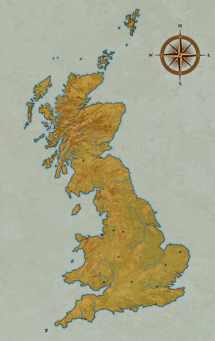 A map of Albion. It looks much like a map of Great Britain, with an additional island in Cardigan Bay to the west, and the Isles of Scilly enlarged off the west tip of Cornwall. Subtle dots indicate a number of major cities and other locations.