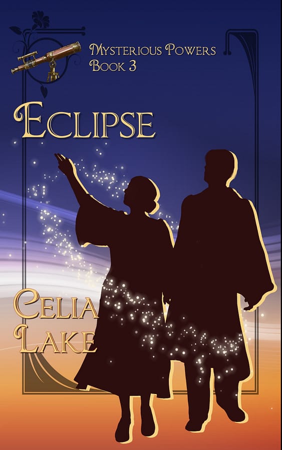 Cover of Eclipse, with a man and woman wearing academic robes in silhouette on a twilight blue and sunset orange background. She is gesturing up toward the sky. A telescope is inset in the top left.