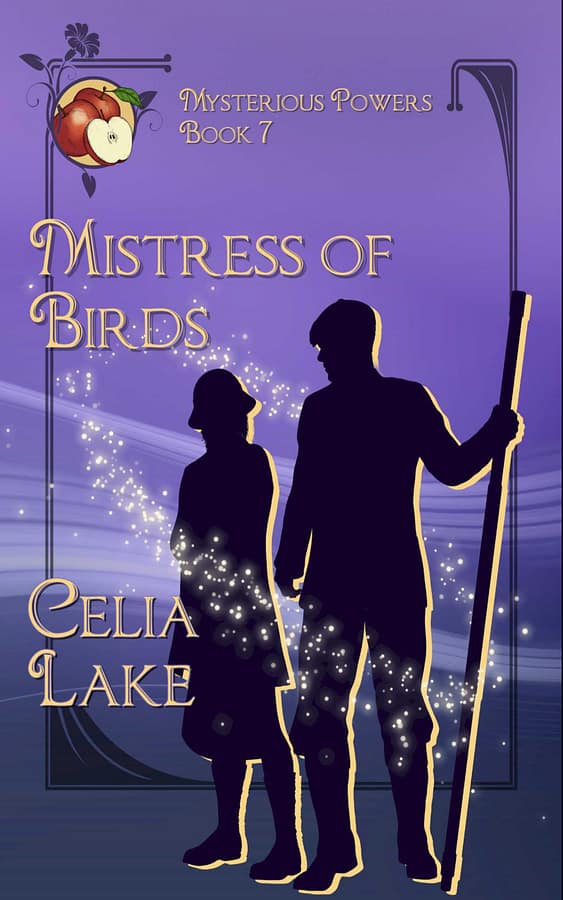 Cover of Mistress of Birds. A man and woman in 1920s clothing silhouetted on a purple and deep blue-grey background. He holds a walking stick as tall as he is and wears a cap, she wears a hat and long sweater. Apples are inset in the top left.