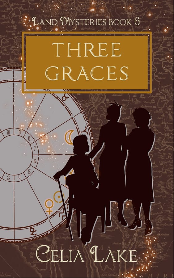 The cover of Three Graces has three women in silhouette, two standing and one sitting, her hand resting on a cane. All three are wearing clothes from during the Second World War, against a deep brown cover with a map. An astrology chart to the back left has the Moon and Venus picked out in brighter gold.