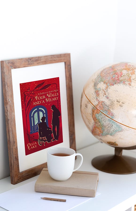 The cover of Four Walls and a Heart has a bright red background with a blue door. Two men are silhouetted against the background, one of slighter build in a Victorian wheelchair, missing his lower left leg, the other standing and talking, one hand at his side. Both are wearing hats, and they are intently focused on each other. The cover is mounted in a frame, next to a globe and a cup of coffee.