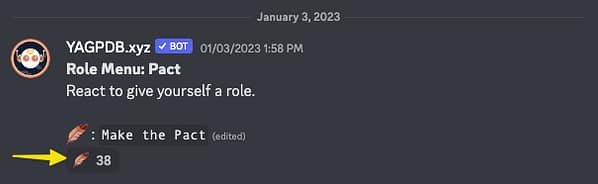 Screenshot of bot information from the welcome and rules section. Text gives the bot name, then "Role menu: Pact. React to give yourself a role." There's a quill emoji with "make the Pact", followed by the same emoji with the number 38 next to it.
