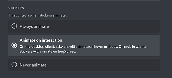 Screenshot of the accessibility settings for stickers with the options to always animate, animate on interaction, or never animate. Animate on interaction is selected.