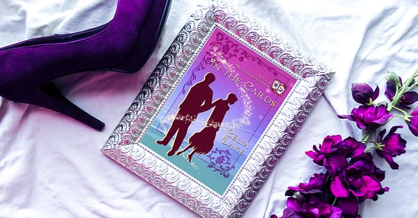 Copy of In The Cards displayed in a silver picture frame, with a deep purple high heel shoioe and orchids framing the image. The cover has a woman turning away from a man in silhouette, in shades of vivid pinks and purples.