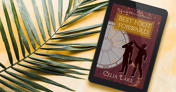 Cover of Best Foot Forward displayed on a tablet, with a palm leaf, on a golden yellow background. The cover has a deep red background with map markings in a dull purple. Two men in silhouette stand, looking up at a point in the top left. An astrology chart with different symbols picked out takes up the left side of the image, with glowing stars curving up to the title.