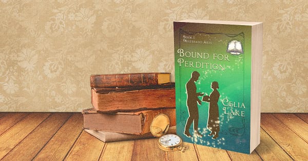 A copy of Bound for Perdition standing upright next to a stack of leather bound books and a pocketwatch. The cover of Bound for Perdition has a man and woman silhouetted in dark brown on a green and brown background, with the woman holding a book while the man gestures. An open blank book and pen are inset in the top right corner.