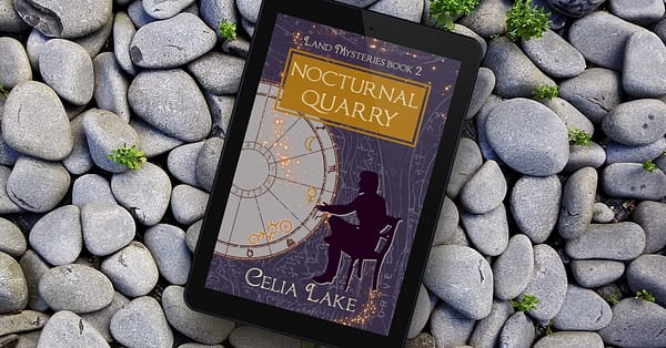 Nocturnal Quarry displayed on a tablet lying on a bed of smooth river rocks.