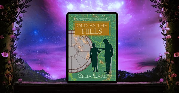 Old As The Hills displayed on a tablet, in a stone arch with a glowing purple night sky behind it. The cover of Old As The Hills has a man with a can and a woman silhouetted on a green ground with a map. She holds out her hand, he is putting something into it, forming a doorway between them. An astrological chart behind them shows the symbols for Venus, the Sun, Jupiter, and Saturn highlighted behind a splash of glowing stars.