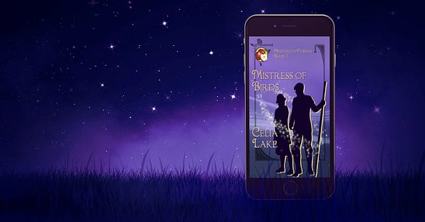 Cover of Mistress of Birds in a night scene with purple. The cover has a man and a woman in silhouette on a deep purple background, with an apple in the corner. The man holds a walking stick as tall as he is.