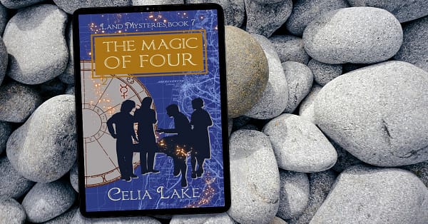 Cover of The Magic of Four on a tumble of smoothed rocks. Four students in silhouette on a blue background of a map off the west coast of Wales. Three stand around a table, the fourth is perched on the near corner, leaning forward and gesturing.
