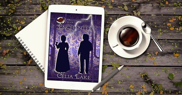 Enchanted Net on a tablet, resting on a table with a cup of coffee and a pen. The cover has a silhouetted man and woman in Victorian dress stand with their backs to the viewer. She is holding a glass of wine as they look toward each other. The background is a purple damask, crossed by pipes and gears and a streak of lightning, with a book inset in the top left corner.