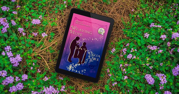 Cover of Weaving Hope on a tablet: A man and woman in 1920s informal clothing are silhouetted on a bright pink background shading to purple. She is holding out a length of cloth to him, showing him something, with phlox flowers inset in the upper right corner. The tablet is lying on a garden path with greenery and small flowers.
