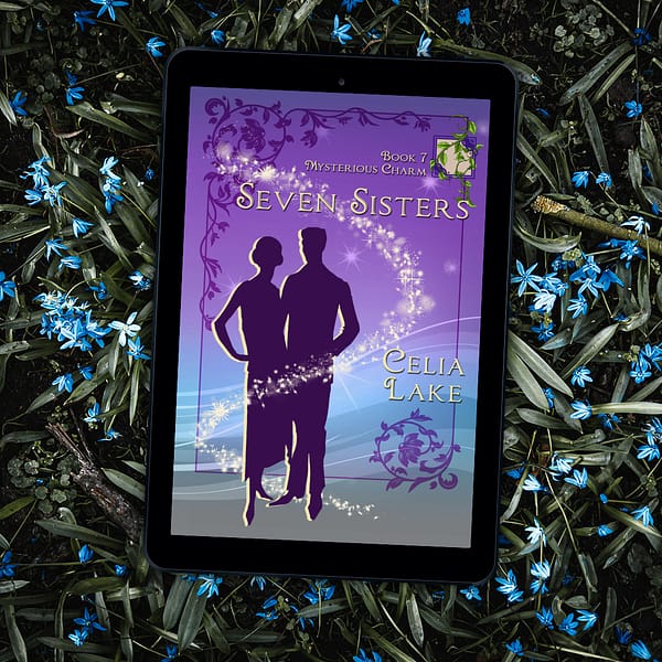 An ereader with the cover of Seven Sisters displayed on it rests on a bed of green leaves and pale blue flowers. The cover has a silhouetted couple in 1920s dress and suit on a purple and blue background, surrounded by vines.