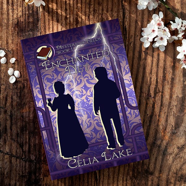 Cover of Enchanted Net: A silhouetted man and woman in Victorian dress stand with their backs to the viewer. She is holding a glass of wine as they look toward each other. The background is a purple damask, crossed by pipes and gears and a streak of lightning, with a book inset in the top left corner.