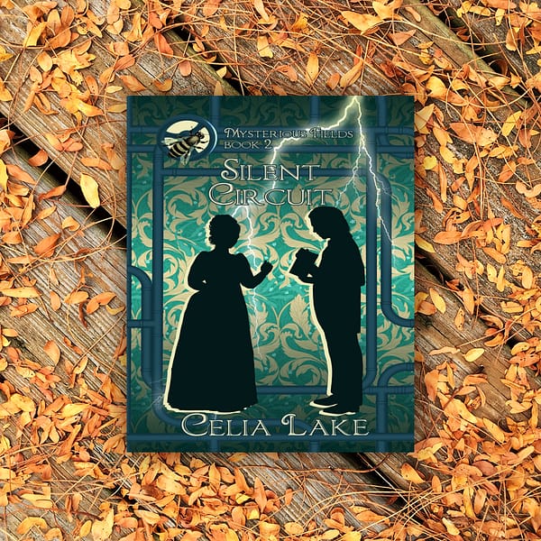 Cover of Silent Circuit: A silhouetted man and woman in Victorian dress face each other. He is holding a book open for her, as her hand moves to turn a page. They’re on a background of green damask with green pipes, a streak of lightning behind them. A bee is inset on top of a gear in the top left.