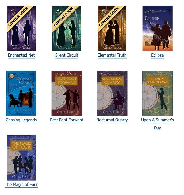 Book grid showing the covers of the books relating to the Fortier and Landry families (details at the link) with shades of green, purple, gold, and rich blue. 